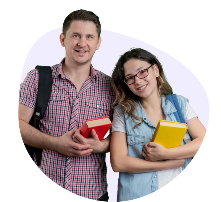 Two students smiling with backpacks and books